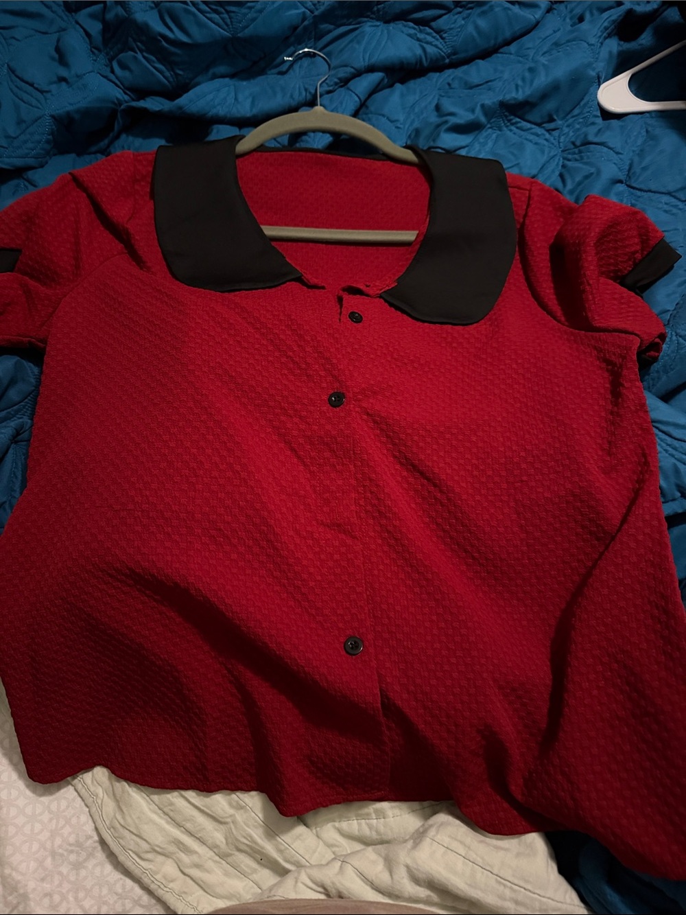 SHEIN Red Blouse with Black Peter Pan Collar